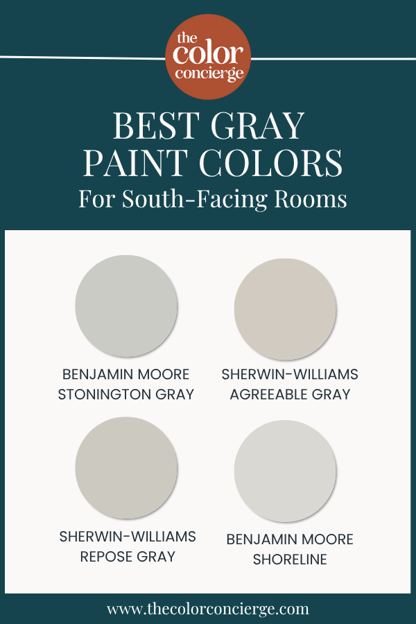 Swatches of gray paint colors for south facing rooms