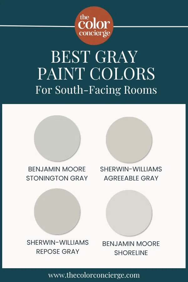Swatches of gray paint colors for south facing rooms