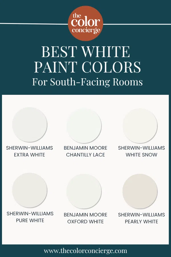 Swatches of the best white paint colors for south facing rooms