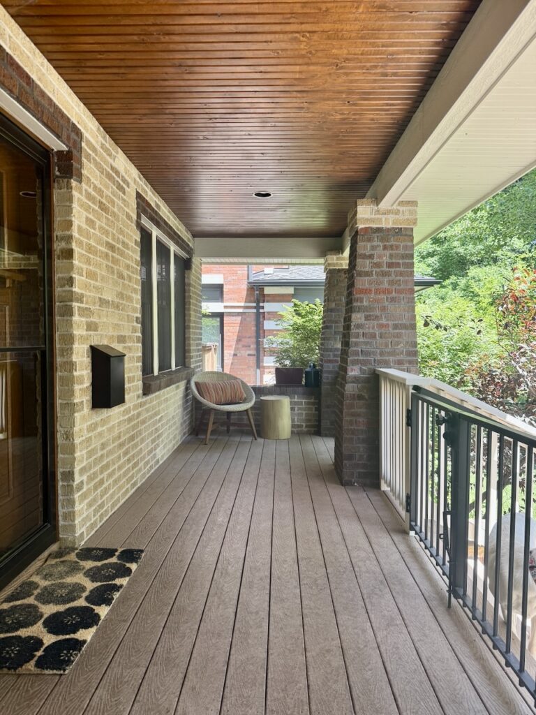 front porch composite flooring with wood ceiling