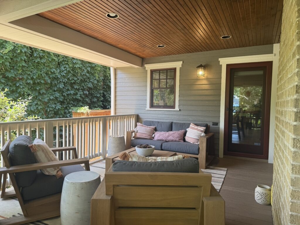 A wooden porch ceiling