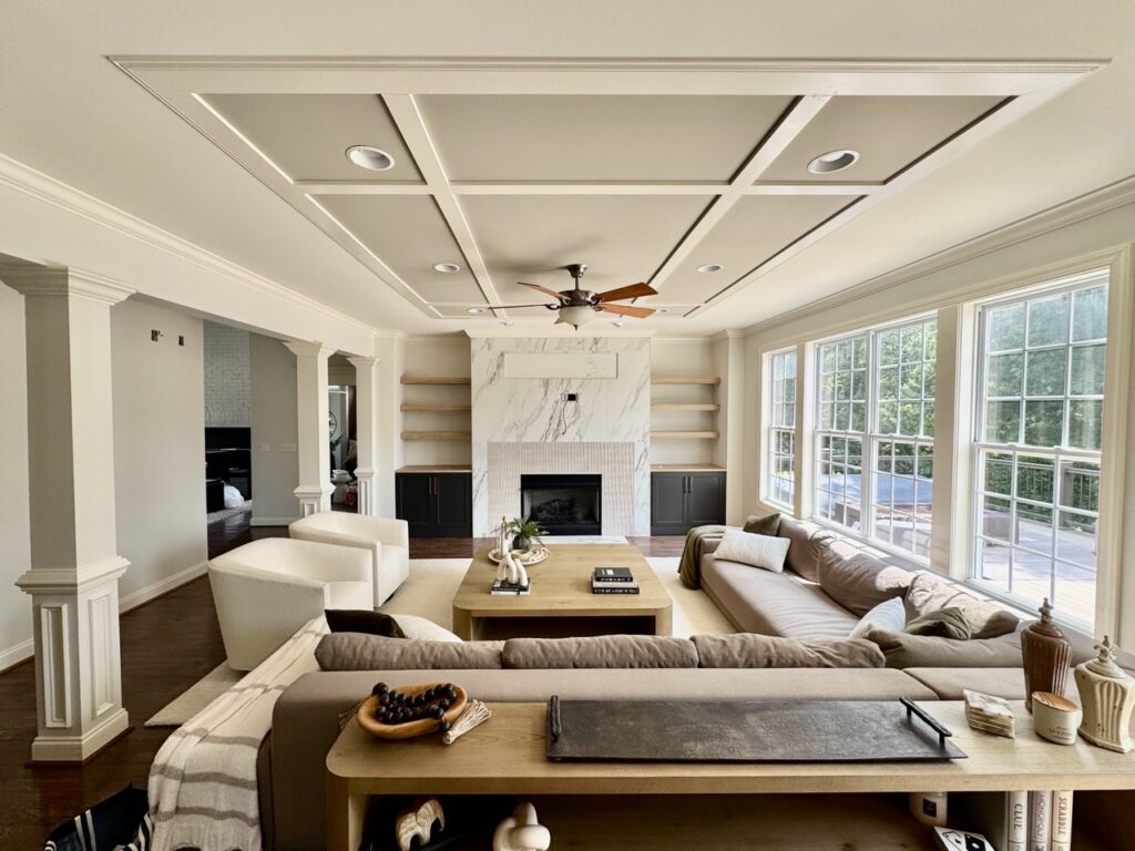 A living room painted with Sherwin-Williams Mortar. 