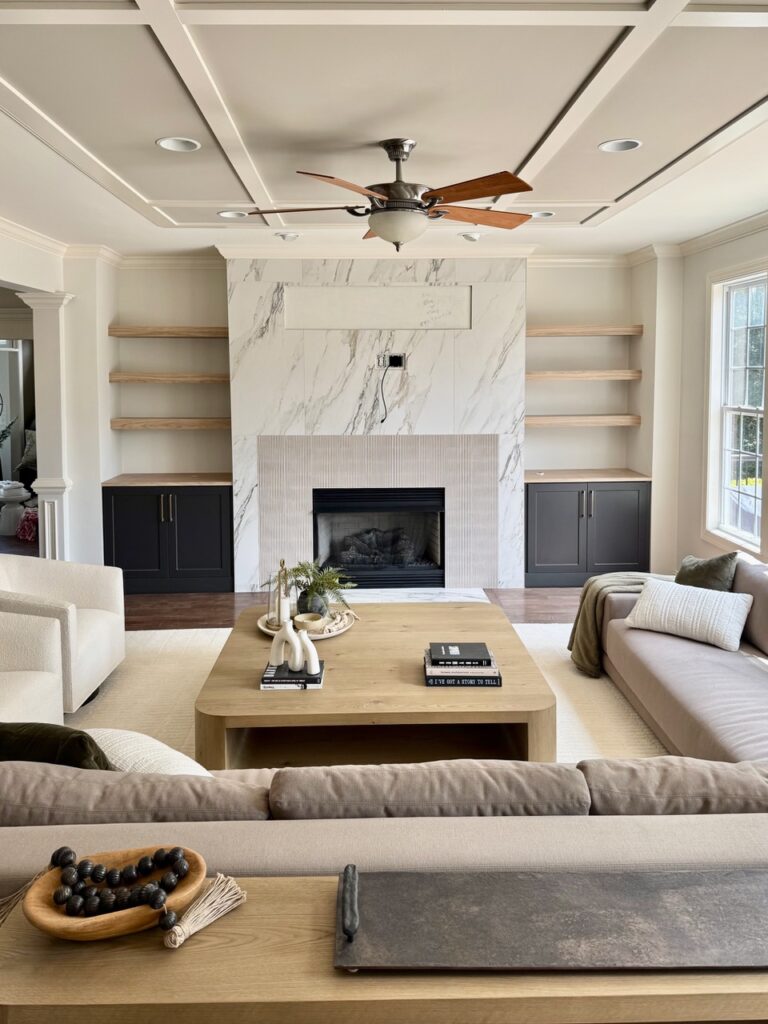 A living room painted with Sherwin-Williams Mortar. 