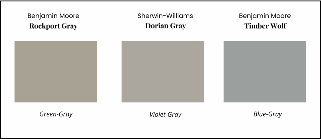 A comparison of three gray paint colors with green, violet and blue undertones.