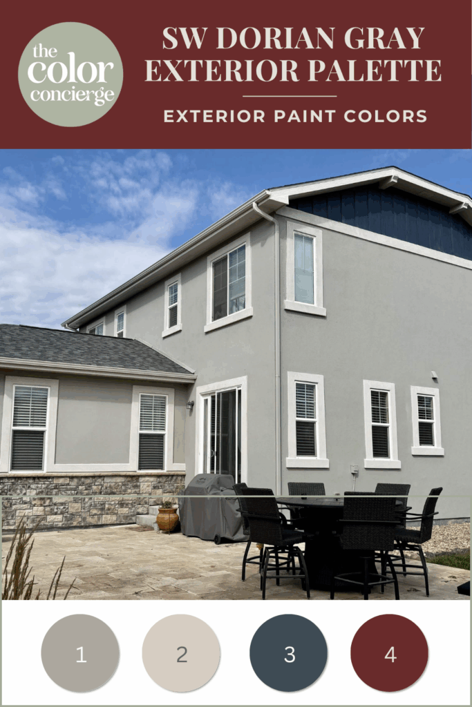 A paint color palette featuring SW Dorian Gray exterior paint.