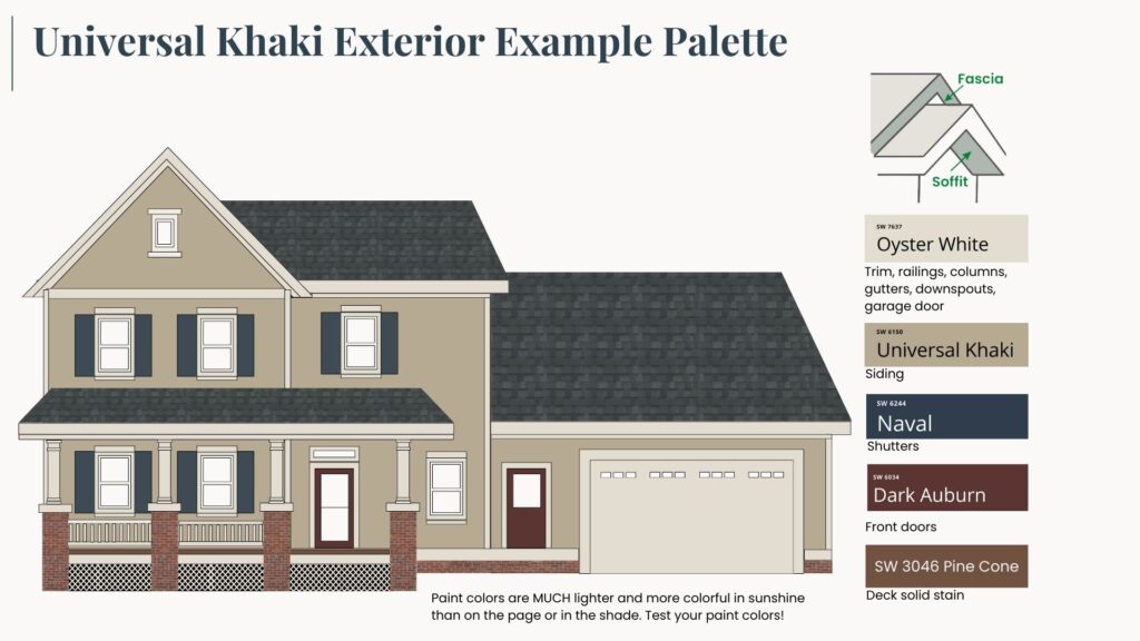 A neutral exterior color palette with SW Universal Khaki exterior paint.