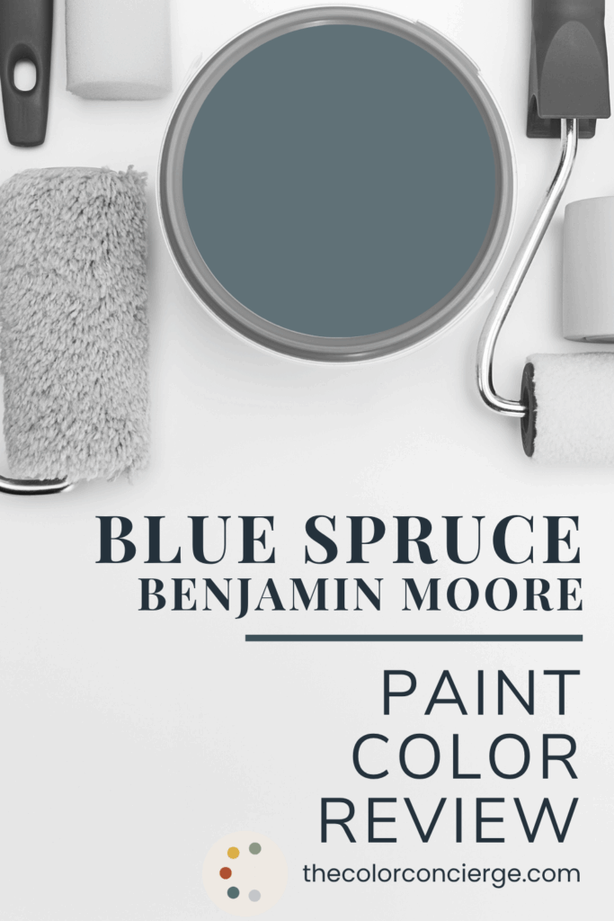 A bucket of Blue Spruce paint, a dark blue-green paint color perfect for interiors and exteriors.