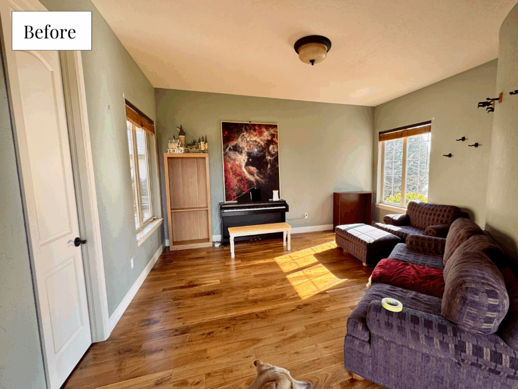 before photo of a living room painted with light green paint.