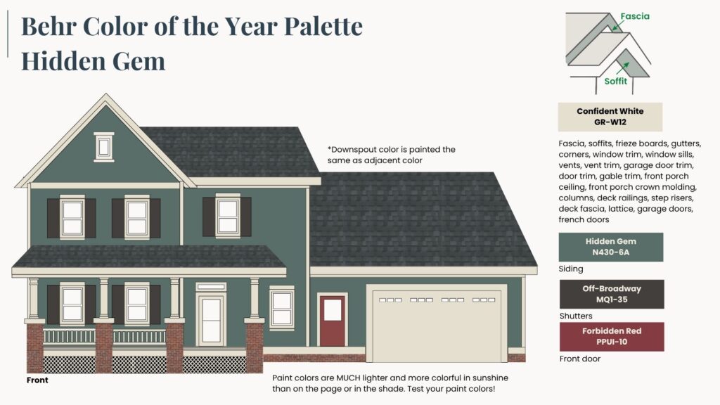 An exterior paint color palette featuring Behr Hidden Gem, the 2026 Color of the Year. 