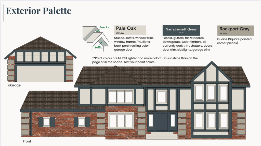 A modern tudor exterior color palette featuring BM Narragansett Green timbers.