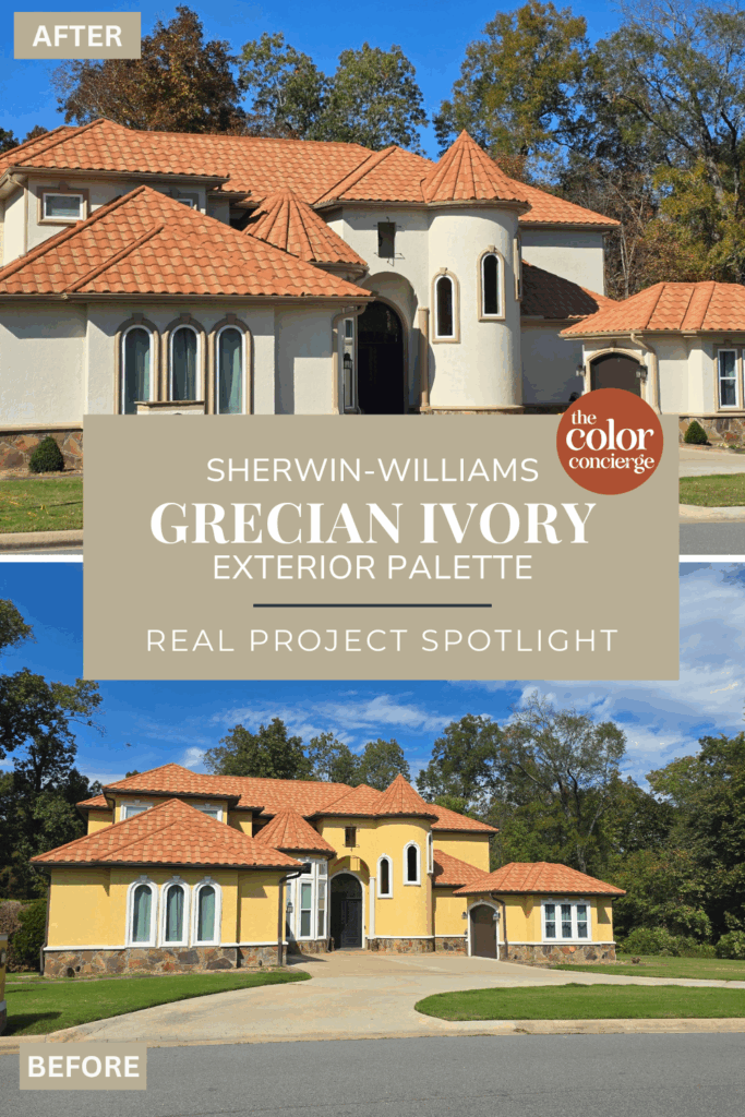 a before and after image of a Grecian Ivory exterior color palette