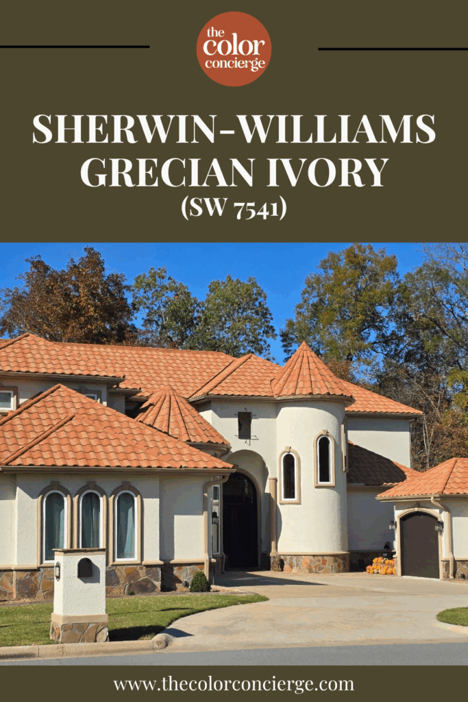A SW Grecian Ivory exterior color palette with red tile roof and medium beige trim.