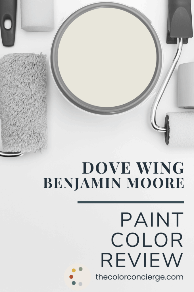 A bucket of Benjamin Moore Dove Wing paint