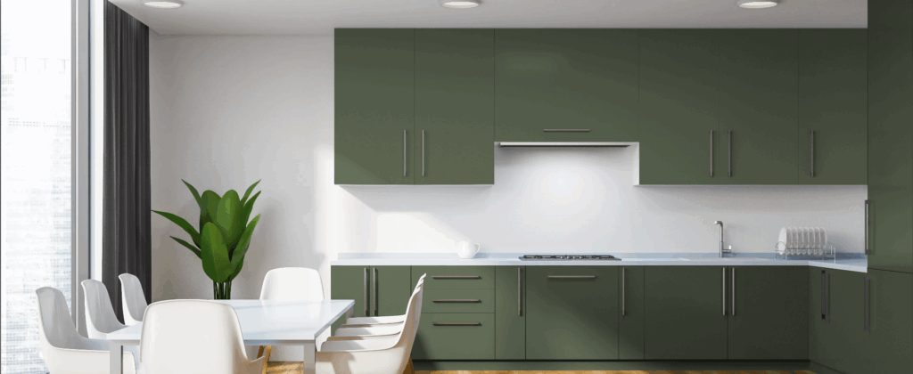 Kitchen cabinets are painted with Dunn Edwards Midnight Garden paint.