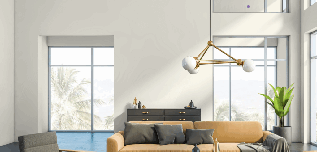 A living room painted with Dunn-Edwards Swiss Coffee paint.