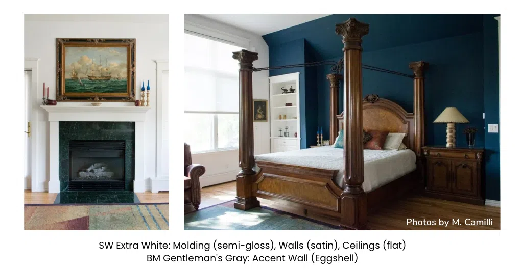 A BM Gentleman's Gray accent wall compared to a fireplace wall with art above it