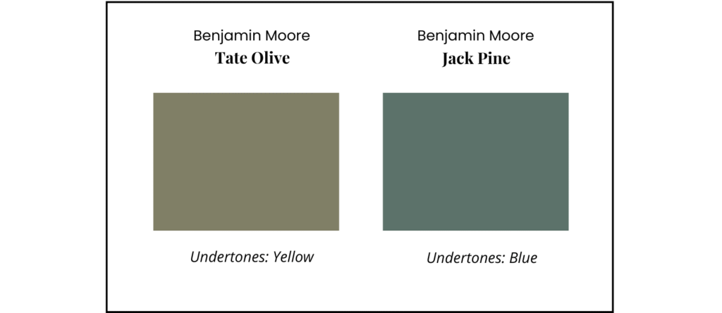 A color comparison between a blue-green paint color and a sage green paint color, both from Benjamin Moore.
