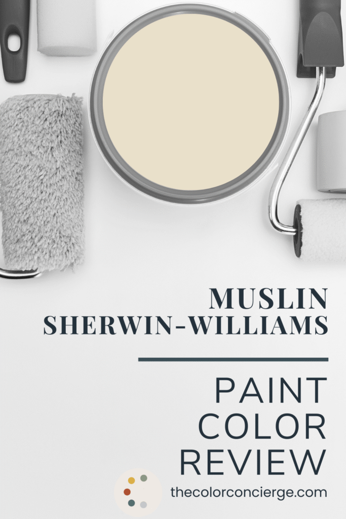 A bucket of Sherwin-Williams Muslin beige paint