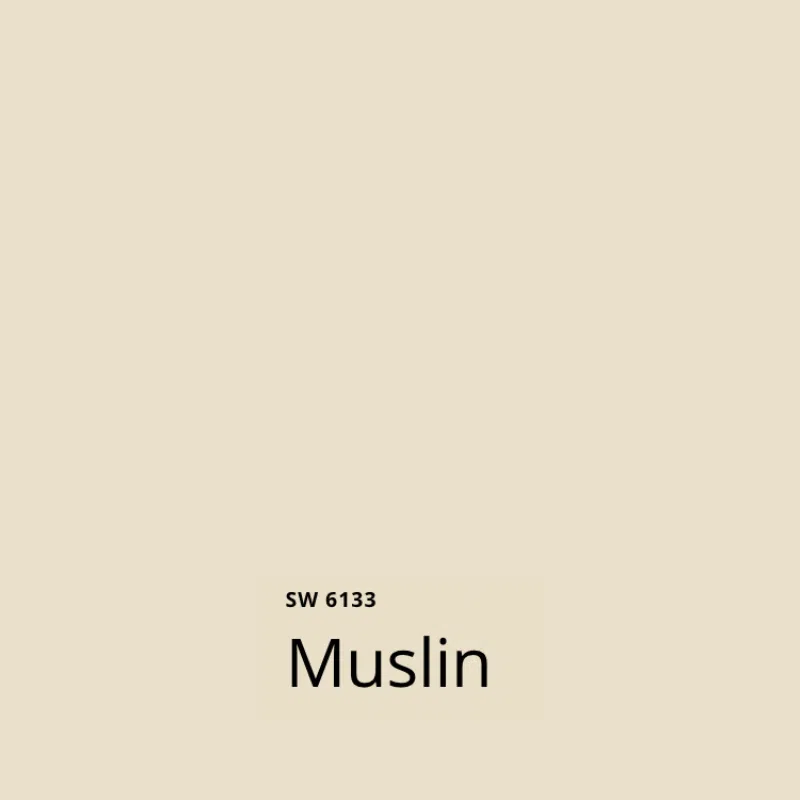 A paint color swatch of Sherwin-Williams Muslin paint, a warm beige paint color.