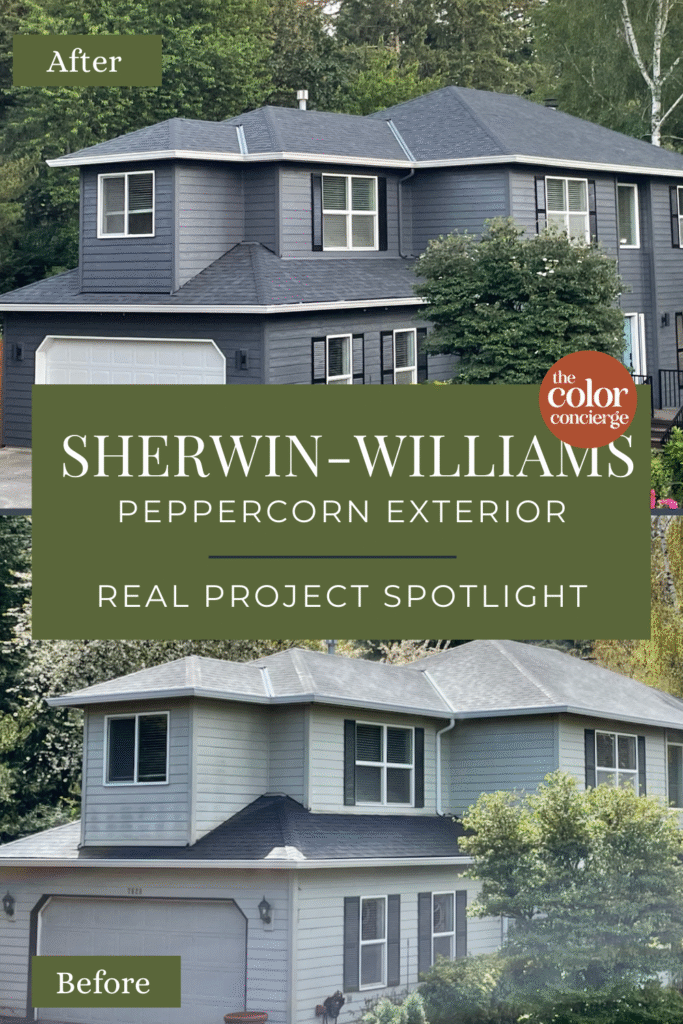 A before and after view of a home with a Sherwin-Williams Peppercorn exterior color palette.