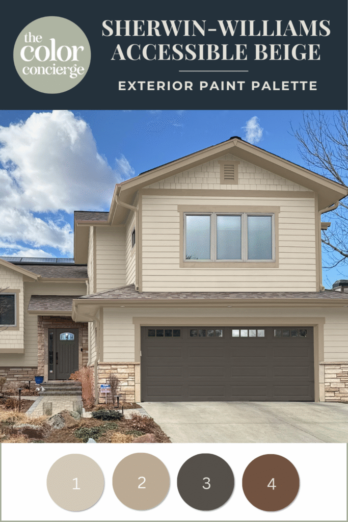 A photoshop rendering of a home painted with SW Accessible Beige exterior paint.