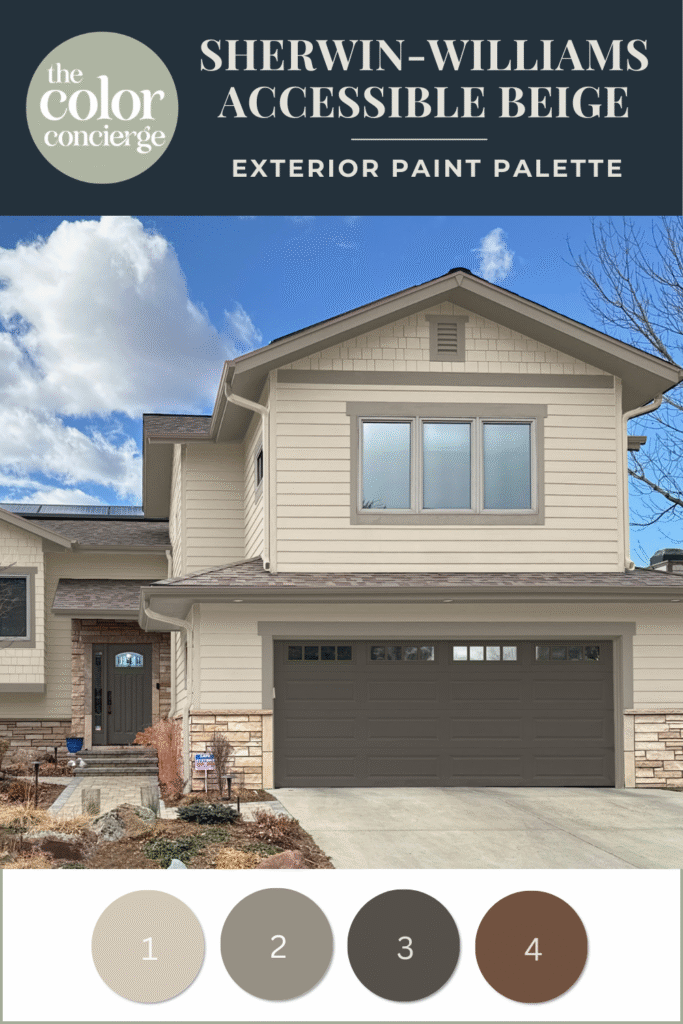 Photoshop rendering of a home painted with an SW Accessible Beige exterior color palette.