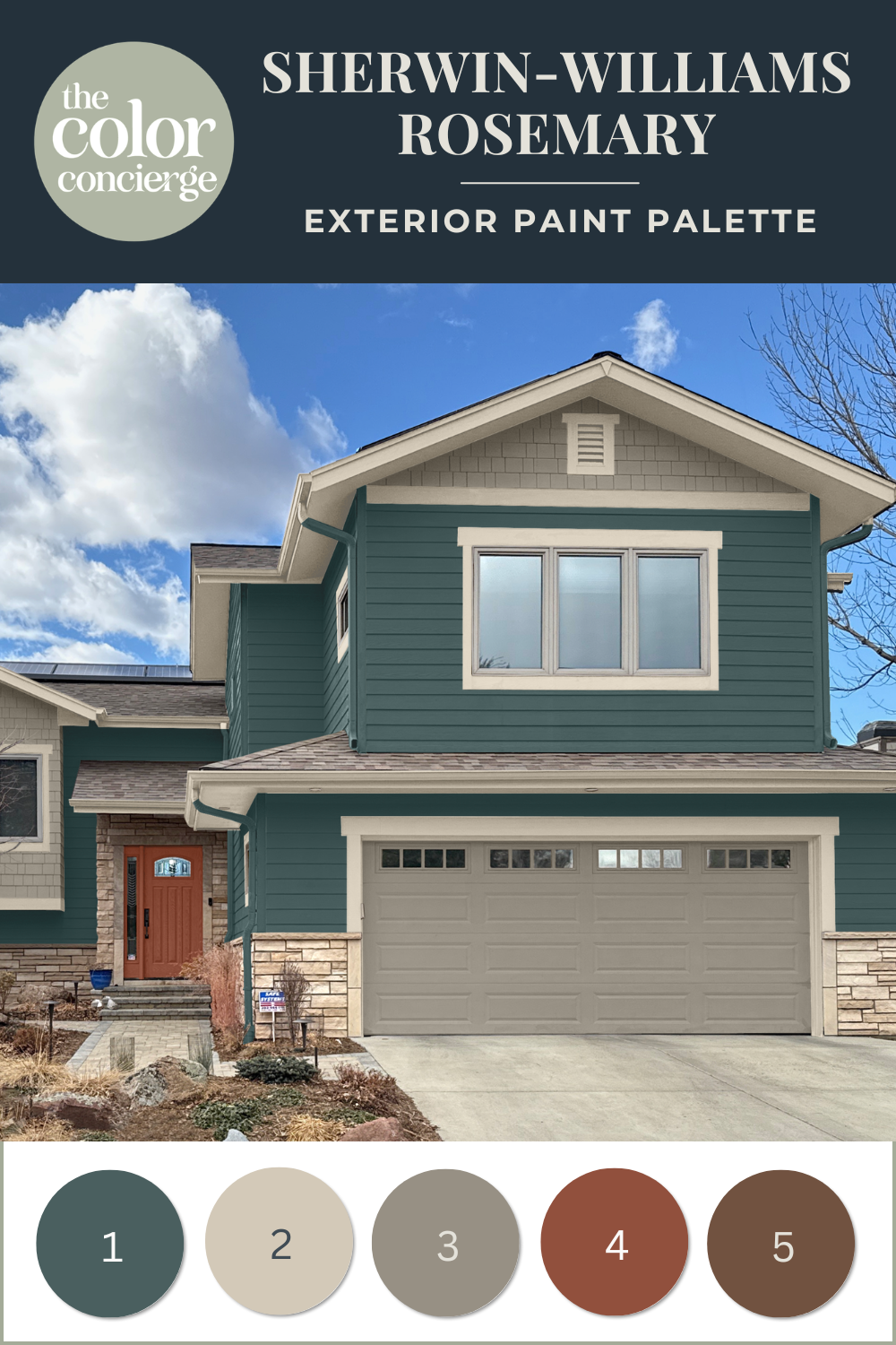 Photoshop rendering of a home painted with an SW Still Water exterior color palette.