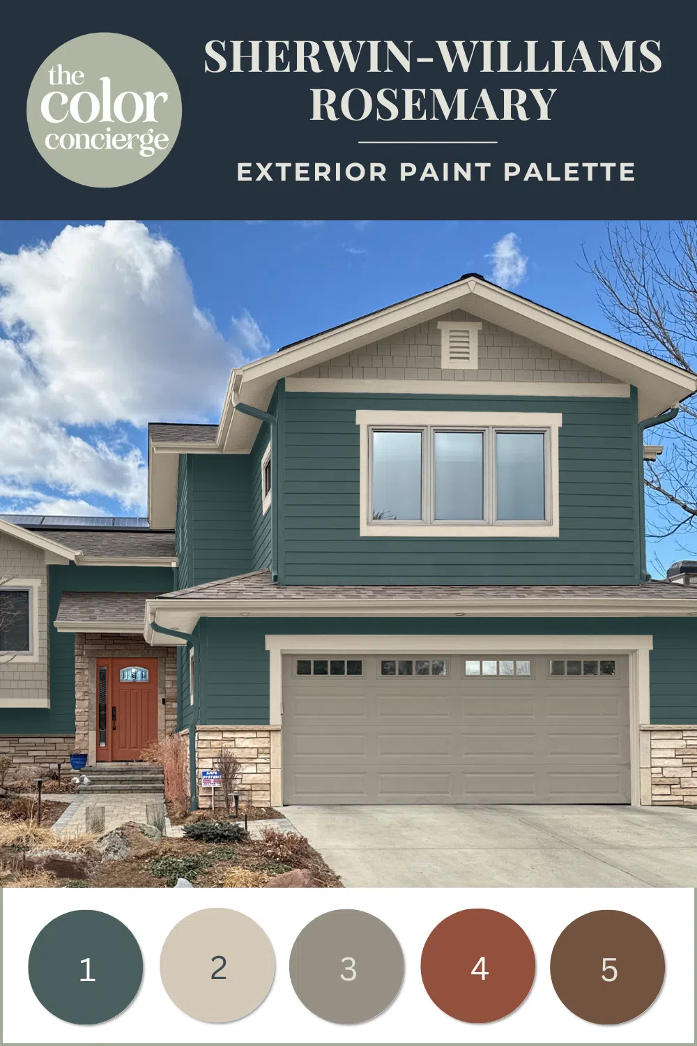 Photoshop rendering of a home painted with an SW Still Water exterior color palette.