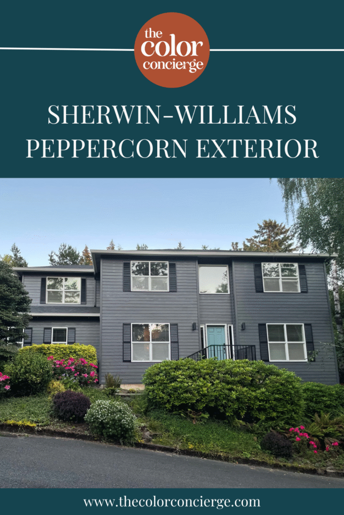 A home is painted with SW Peppercorn exterior paint. Explore our full Peppercorn paint review.