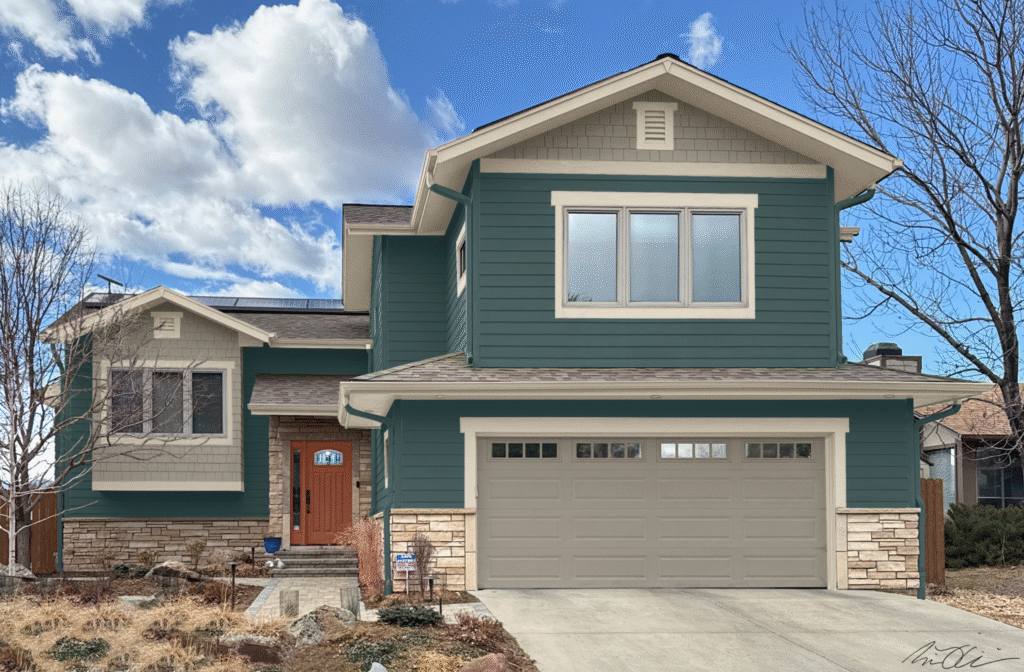 A paint color palette painted with Sherwin-Williams Still Water exterior paint. Photoshop rendering.