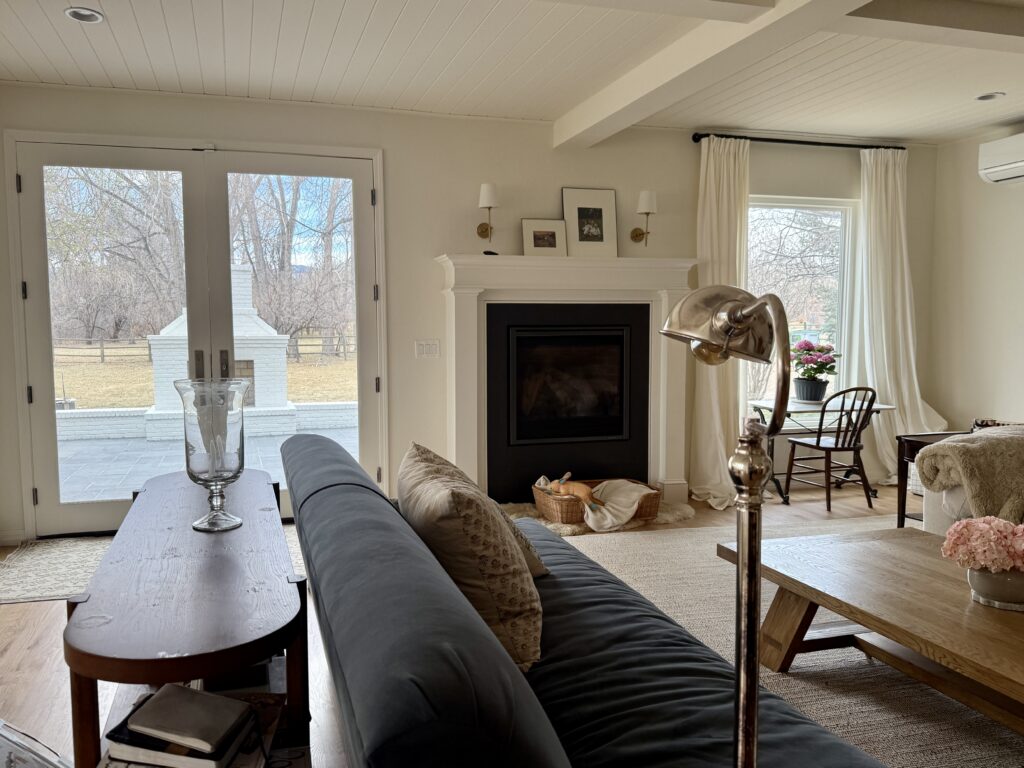 A dark living room painted with Sherwin-Williams Creamy off-white paint.