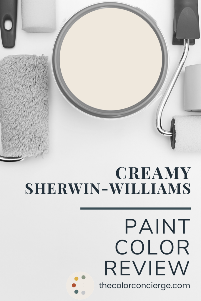 A bucket of Sherwin-Williams creamy off-white paint