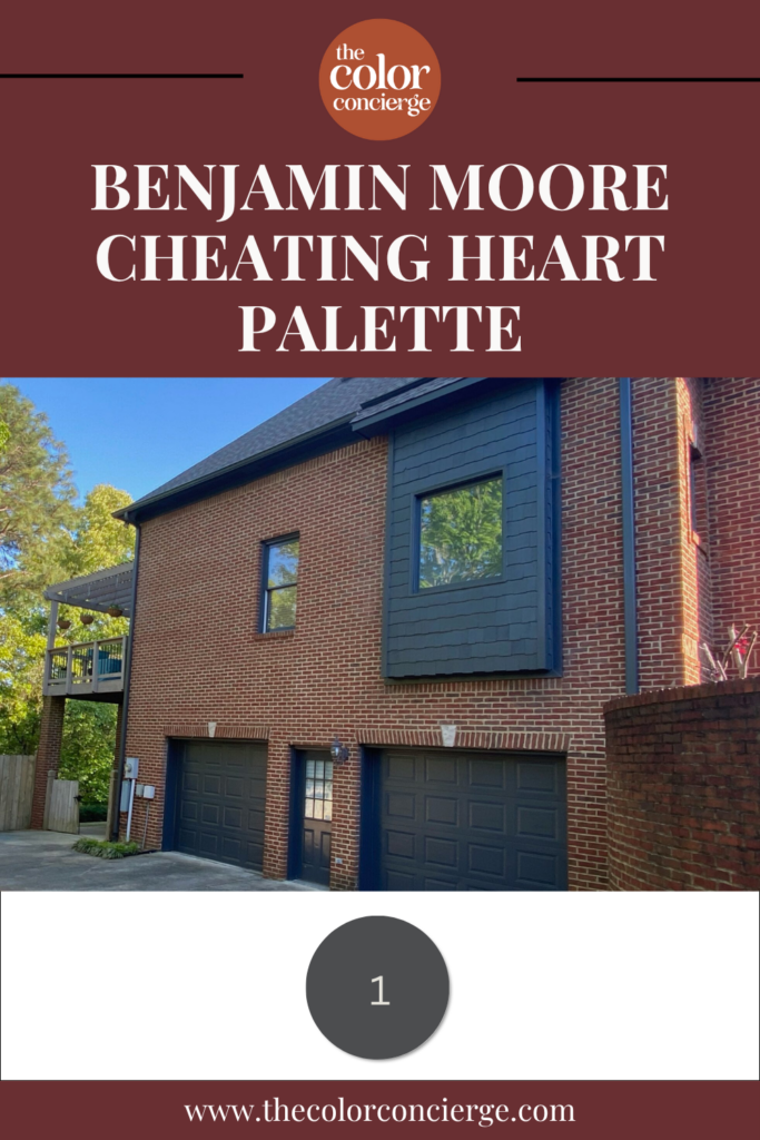 A Benjamin Moore Cheating Heart exterior color palette.