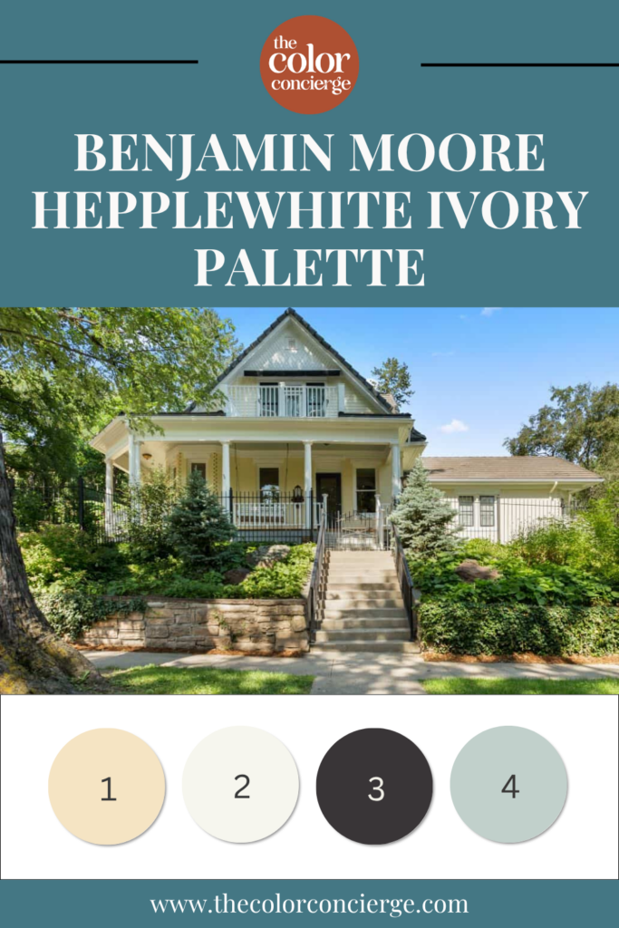 A Benjamin Moore Hepplewhite Ivory exterior paint color palette.