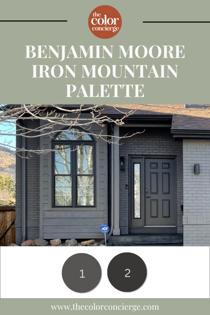A Benjamin Moore Iron Mountain exterior paint color palette.