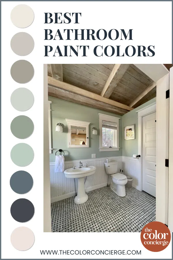 A light green bathroom next to swatches of the best bathroom paint colors