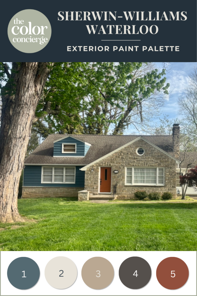 A home features a SW Waterloo exterior paint color palette and swatches of paint colors are below.