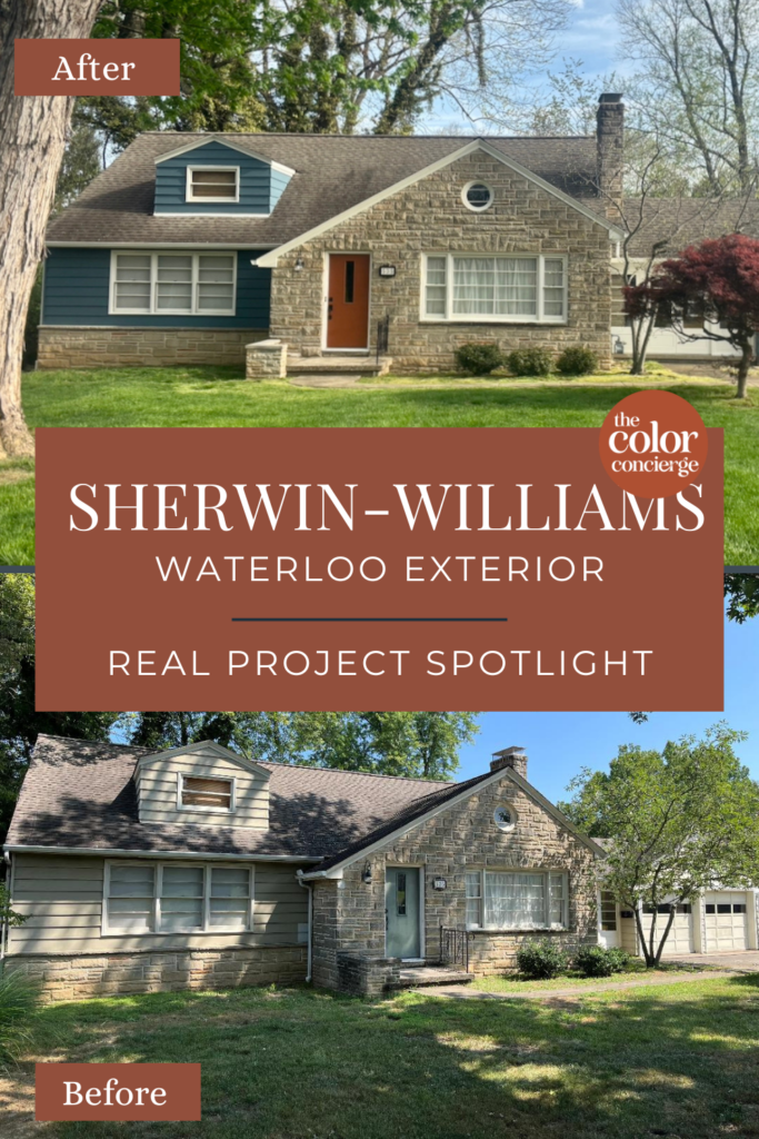 A before and after of a SW Waterloo exterior paint color palette