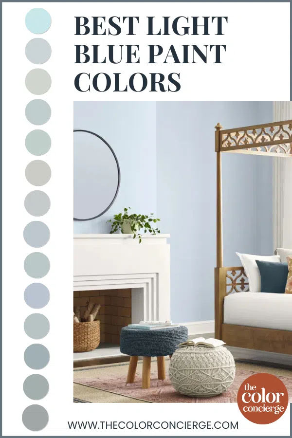 A light blue bedroom with light blue paint color swatches
