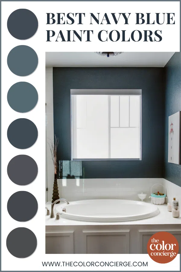 Swatches of navy blue paint next to a navy blue bathroom