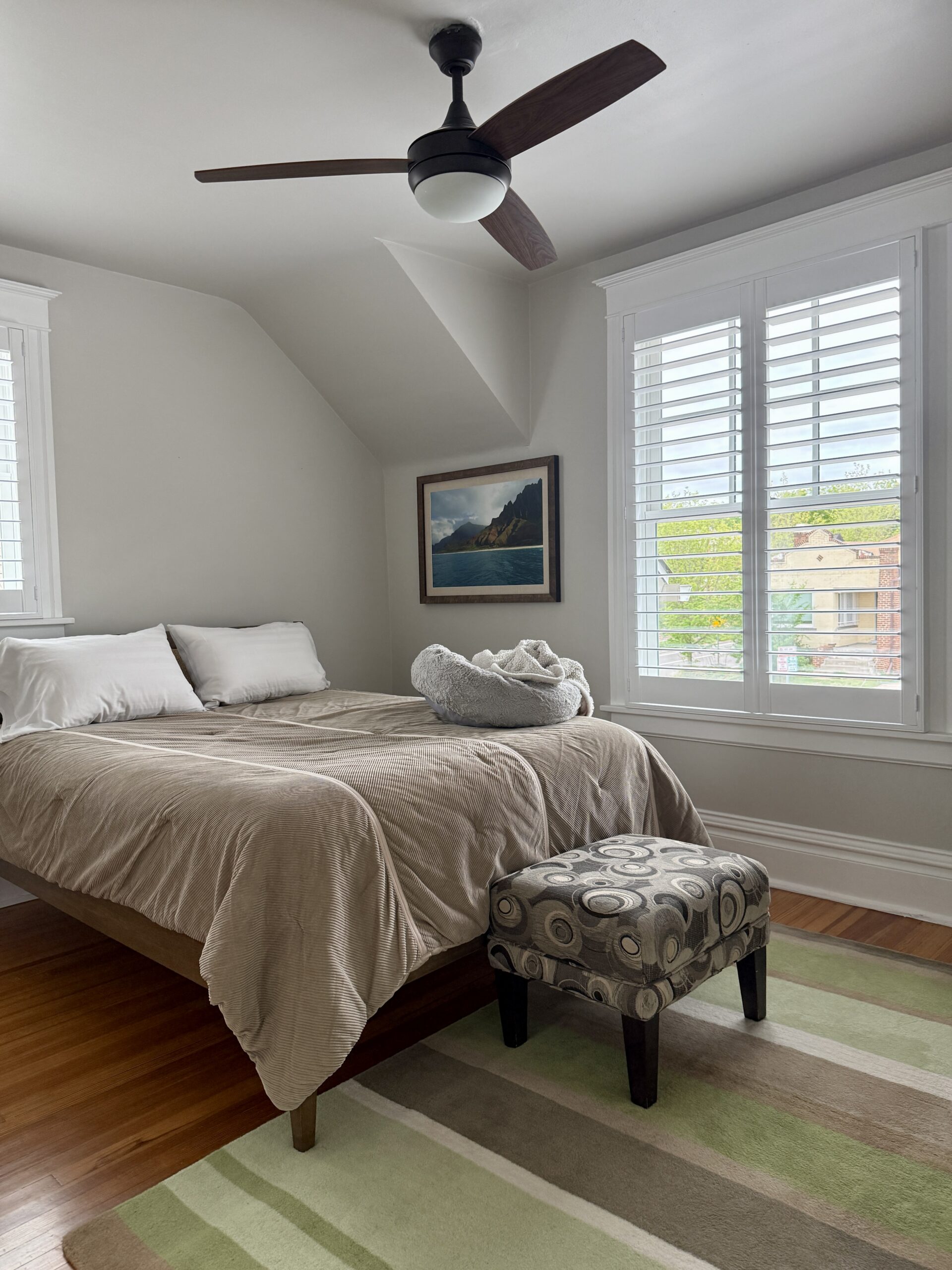 A Benjamin Moore Pale Oak bedroom features a green area rug and colorful art.