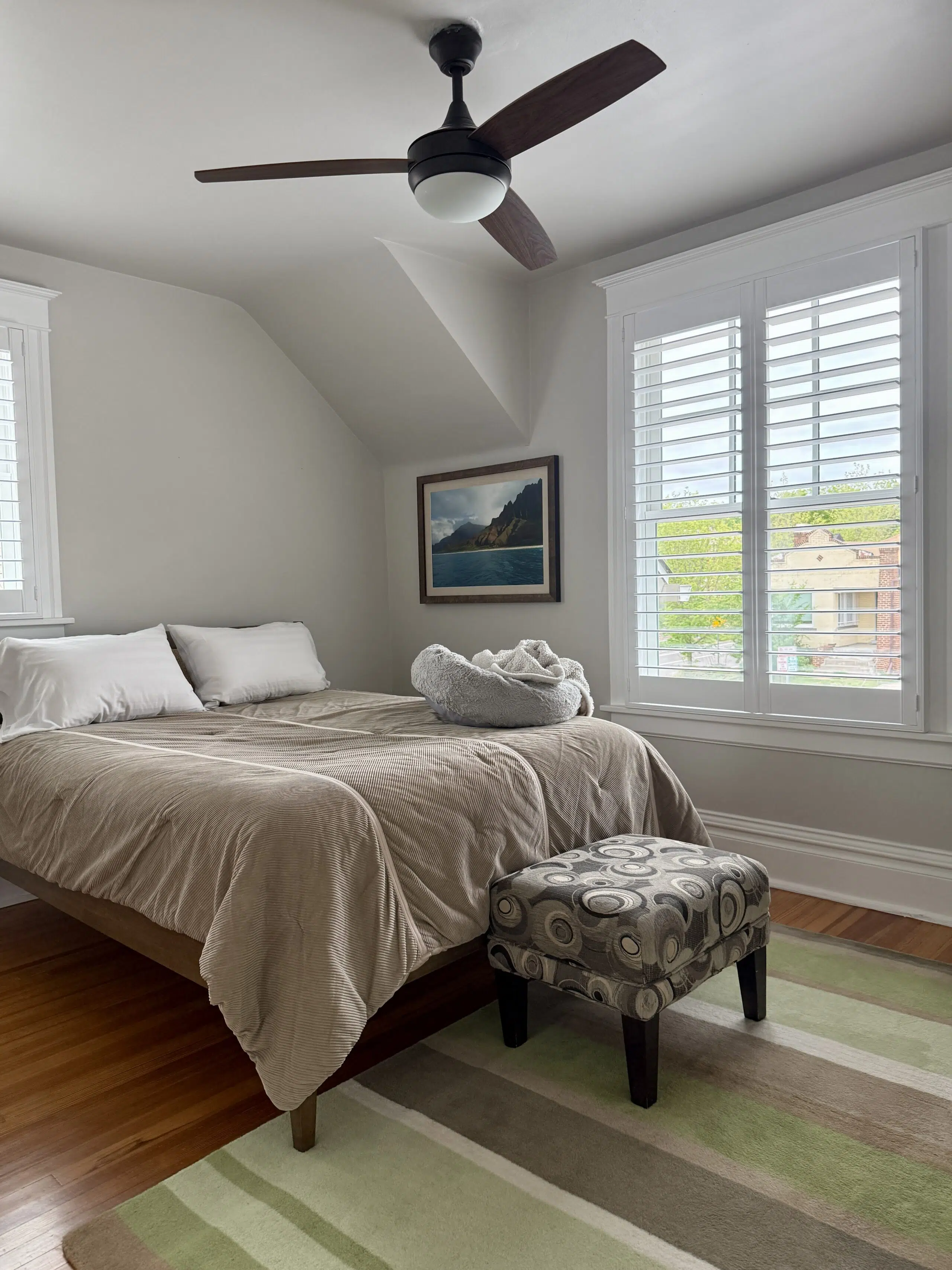 A Benjamin Moore Pale Oak bedroom features a green area rug and colorful art.