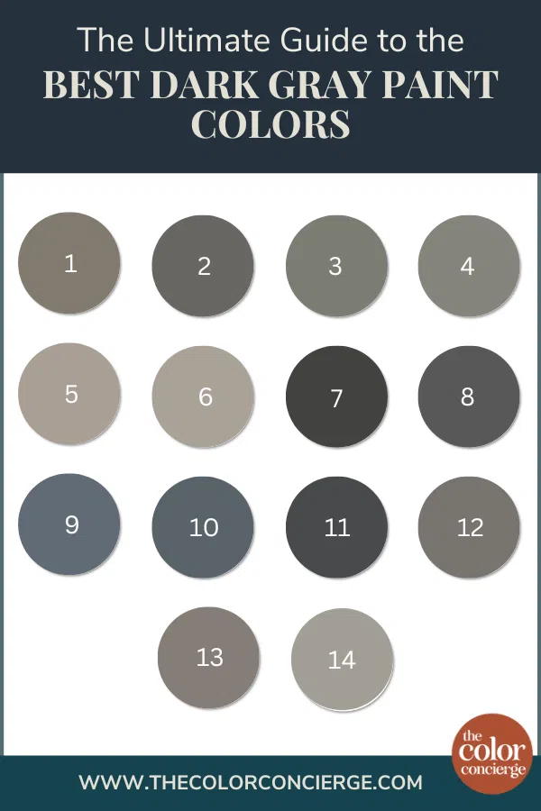 14 swatches of the best dark gray paint colors, chosen by a paint color consultant