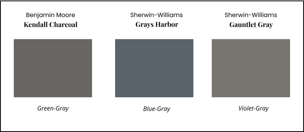 Three swatches of dark gray paint colors, each with a different undertone.