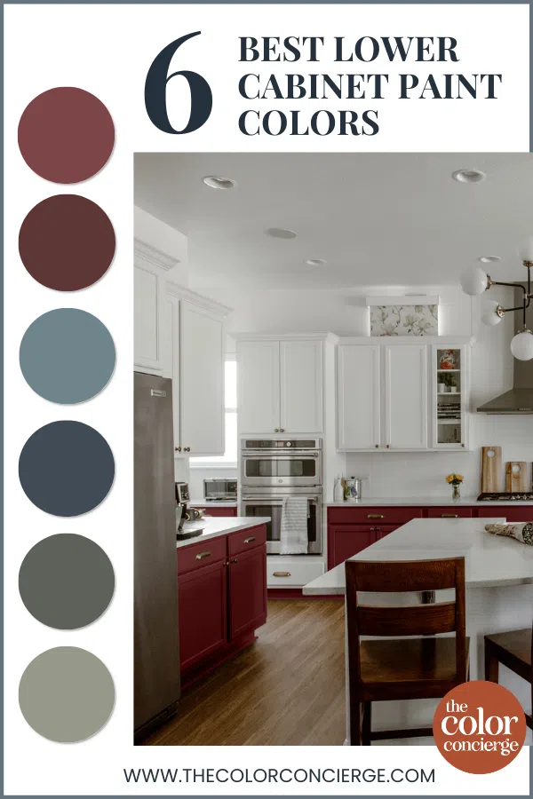 A series of paint color swatches and a kitchen with colorful lower cabinets.