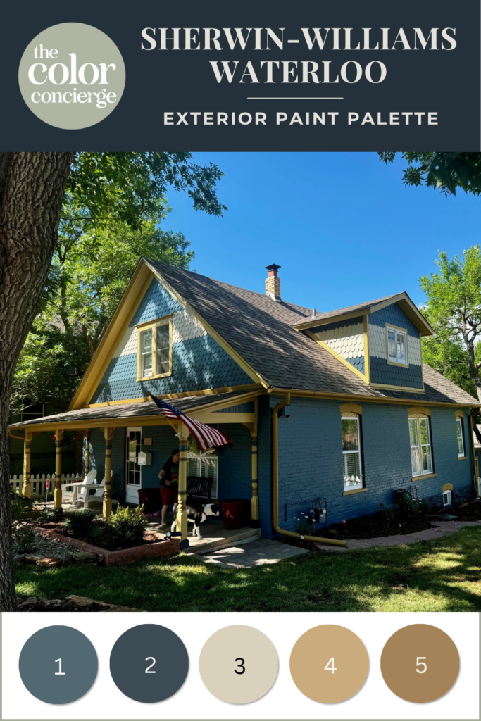 Victorian home with swatches of blue and yellow paint below it