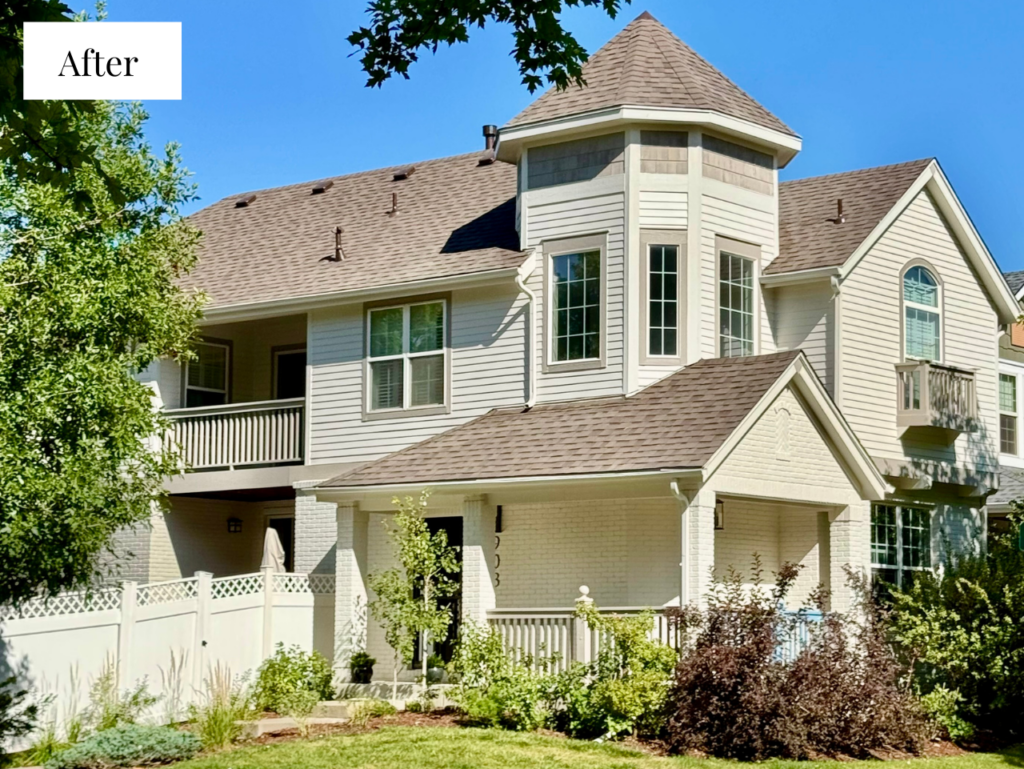 A Sherwin-Williams White Duck exterior color palette with Mega Greige trim and Urbane Bronze front door.