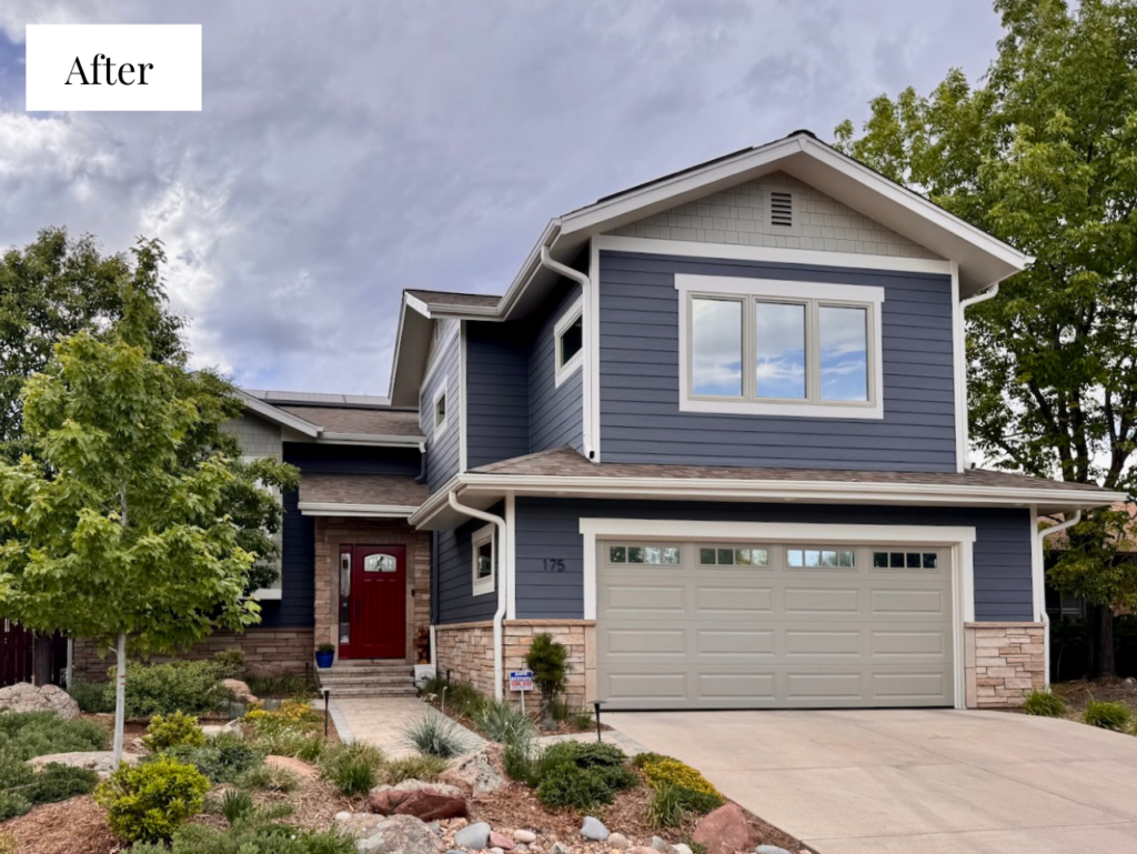 A home features a SW Grays Harbor exterior paint color palette with SW Fawn Brindle accents and SW Egret White trim.