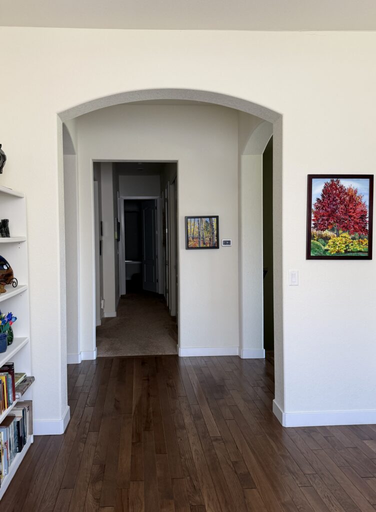 A home is painted with SW White Dove in the living room and hallway of a Colorado ranch home.