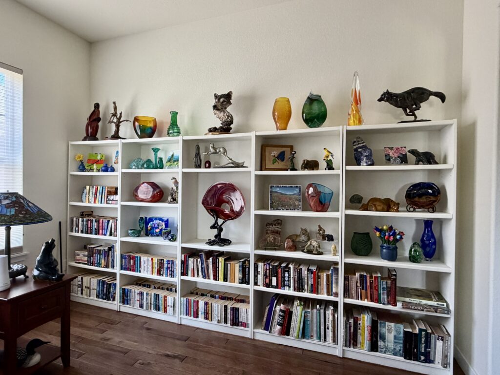 A living room with colorful books and decor features Sherwin-Williams Dover White walls.